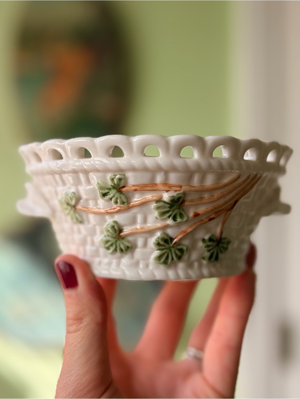 Irish Shamrock Basket Woven Detailed Pattern Ceramic Trinket Dish